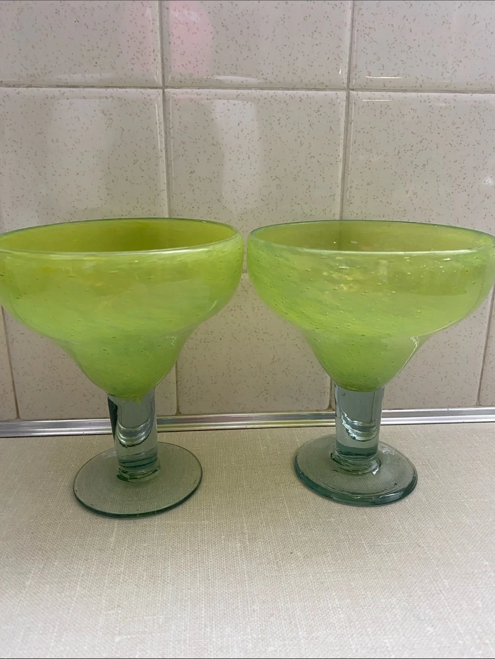 Chartreuse  Green  Mexican Bubble Glass Hand Blown Margarita Glasses set of 2